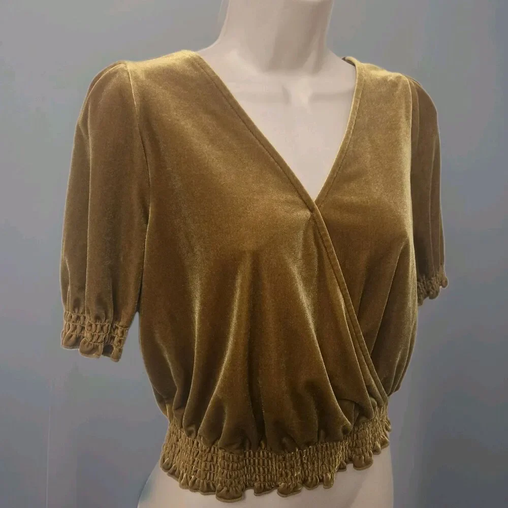 Madewell Velvet Wrap Top XS Mustard Gold Puff Sleeve Renaissance Boho Whimsigoth